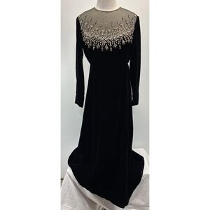 Vtg 60s Malcolm Starr Black Velvet Gown Dress Womens 14 Black Embellished Jewel